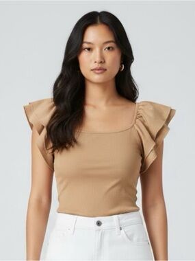 🪽 Emery Rose Ribbed Flutter Sleeve Top in Camel~Women’s Sz Sm~Versatile Design